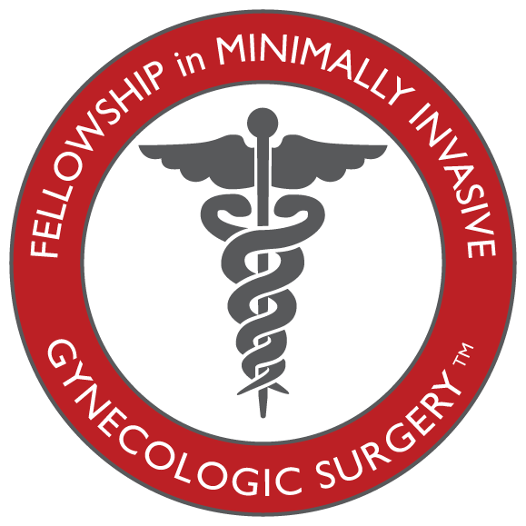 The Fellowship in Minimally Invasive Gynecologic Surgery logo from the AAGL includes that text in a red circle with the medical caduceus logo in gray in the center.