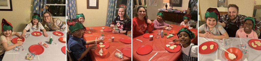 A series of four photos shows Pediatric Residents with girls from Student Home Moldavia at tables with red and white tablecloths decorating cookies.